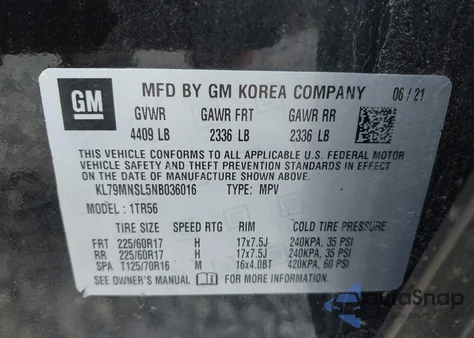 2022 Chevrolet Trailblazer Awd Ls из США, поврежденный, VIN KL79MNSL5NB036016